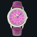 Kinder Mädchen rosa drei Schmetterlinge und nennen Armbanduhr<br><div class="desc">Die Kinderuhr der Grafik umfasst drei einfache Schmetterlinge in Rosa, Creme und Gelb. Das Hotel ist ideal für Mädchen im Schulalter, die lernen, eine Uhr zu lesen, als Funktionen sowohl von Minuten als auch von Stunden. Passen Sie mit Ihrem Kind Namen Beispiel liest Niamah. Grafikkunst und Design von Sarah Trett...</div>