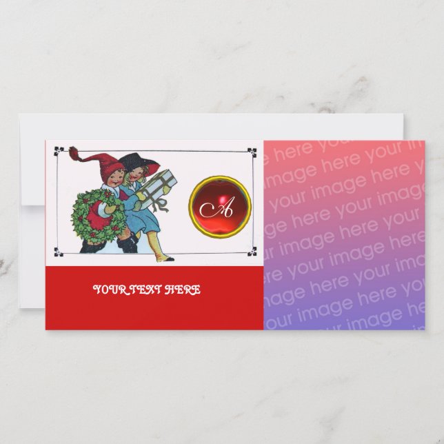 KINDER MIT CHRISTMAS GIFTS Monogramm Feiertagskarte (Vorderseite)