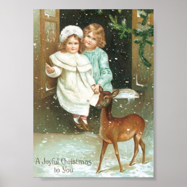 Kinder mit Hirsch zu Weihnachten Poster (Vorne)