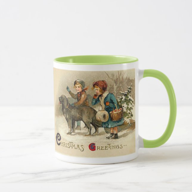 Kinder mit Hund an Weihnachten Tasse (Rechts)