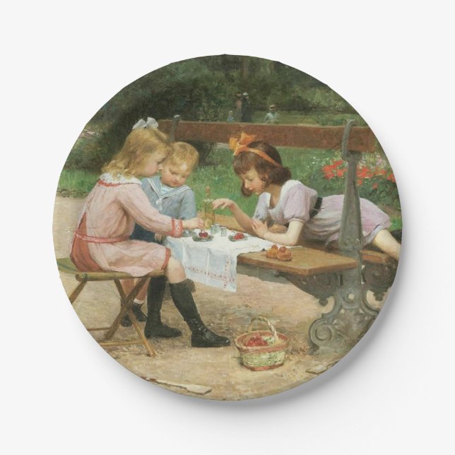 Kinder mit Nachmittagstee im Park Pappteller (Vorderseite)