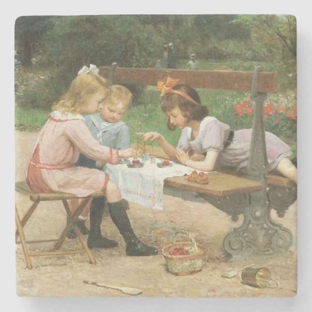 Kinder mit Nachmittagstee im Park Steinuntersetzer (Vorderseite)