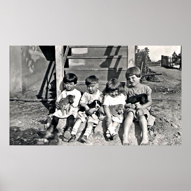 Kinder mit Welpen drucken Poster (Vorne)