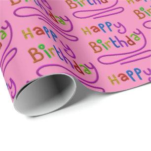 Kinder Modern Happy Birthday Script Rainbow Fun Geschenkpapier