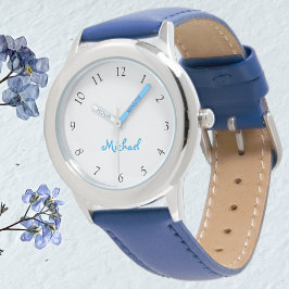 Kinder Name Blue Leather Riemen Boys Custom Watch Armbanduhr