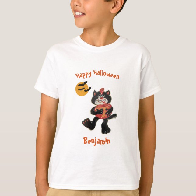 Kinder Name Halloween Niedlicher Schwarzkatzenmoon T-Shirt (Vorderseite)