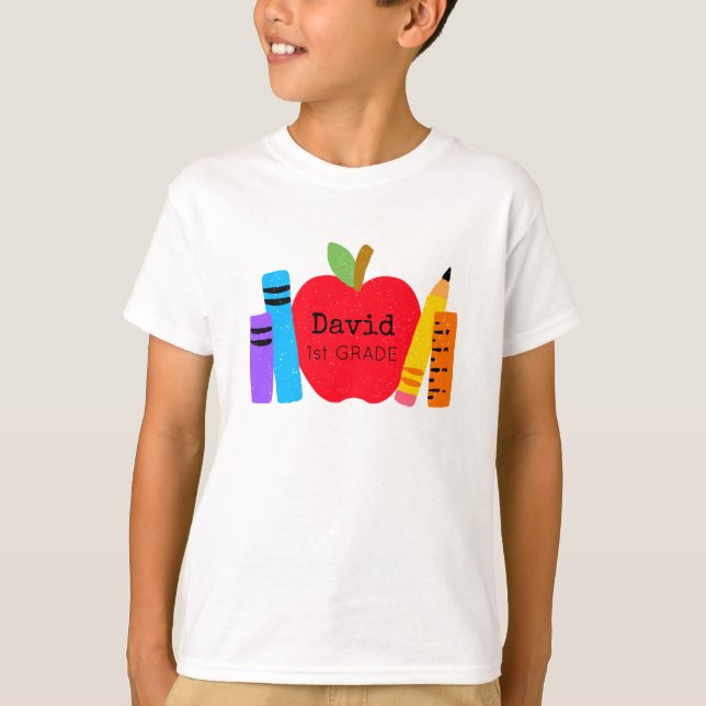 Kinder NAME Schule GRADE Apfelbücher Bleistifte Sp T-Shirt (Vorderseite)