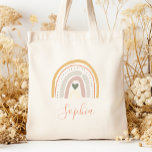 Kinder nennen Boho Pastel Earth Tones Tragetasche<br><div class="desc">This tote bag feature a boho rainbow decorated with a heart and polka dots in muted pastel earth tones of gold,  terracotta,  beige,  dusty rose,  green and ivory. Personalize it with her name in terracotta handwriting script.</div>