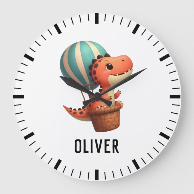 Kinder Niedlich Dino Fliegen in einem Heißluftball Große Wanduhr (Vorderseite)
