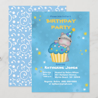 Kinder Niedlich Hippo mit einem blauen Cupcake Geb Einladung