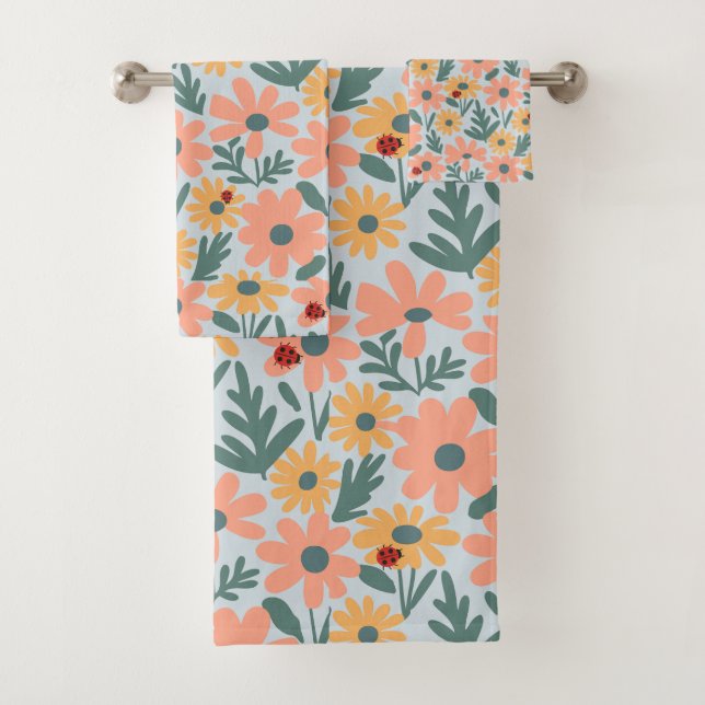 Kinder Niedlich Ladybug Polka dot Daisy Blume Patt Badhandtuch Set (Insitu)