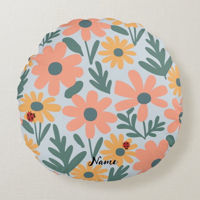 Kinder Niedlich Ladybug Polka dot Daisy Blume Patt Rundes Kissen (Vorderseite)