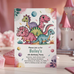 Kinder Niedlich Pink Dinosaurier 4. Geburtstag Par Einladung