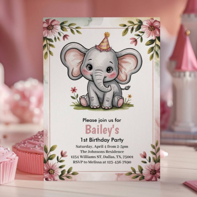 Kinder Niedlich Pink Elephant Geburtstagsparty Einladung (Von Creator hochgeladen)