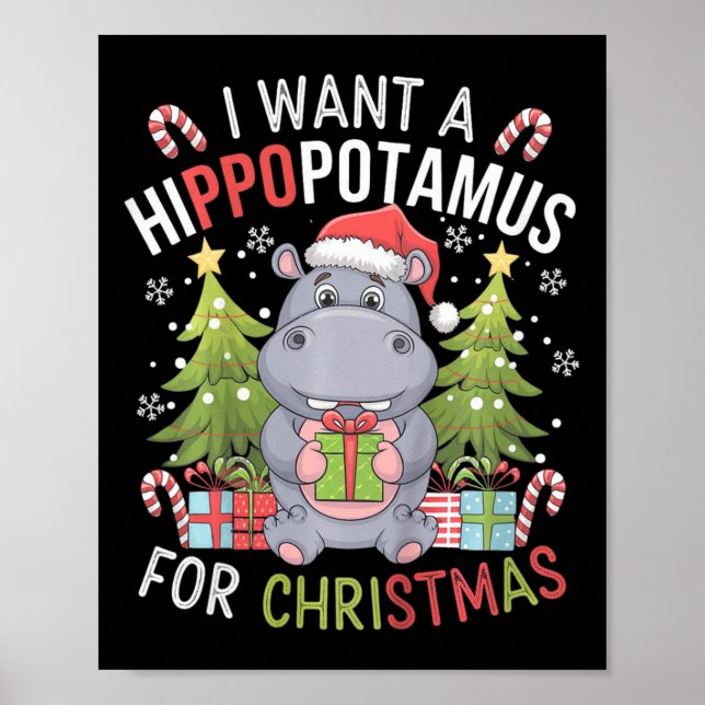 Kinder Niedlich Weihnachten Hippopotamus perfekt f Poster (Vorne)