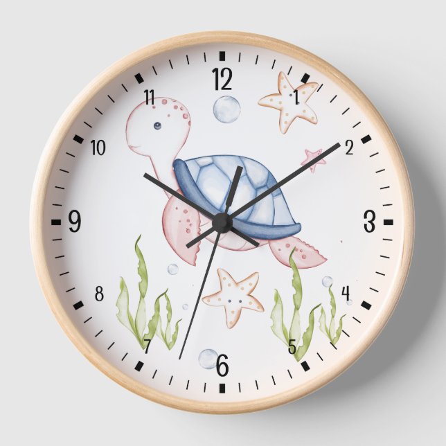 Kinder Niedliche Meereswelt Watercolor Wandleuchte Uhr (Vorderseite)