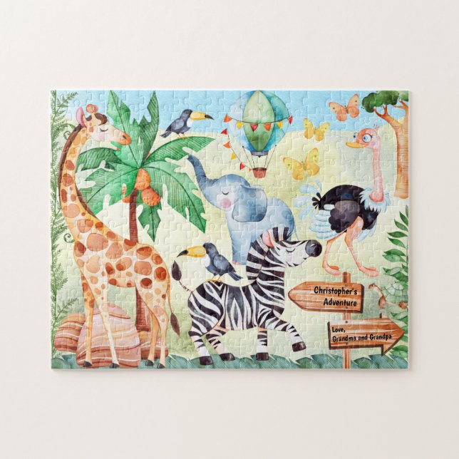 Kinder Niedliche Safari Tiere Personalisiert Puzzle (Horizontal)