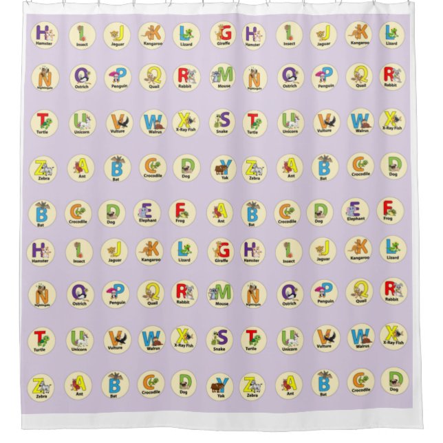 Kinder Niedliche Tiere Alphabet Duschvorhang (Vorderseite)