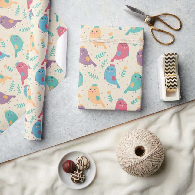 Kinder Niedliche Vögel mit Tulpen Geschenkpapier (Kunsthandwerk)