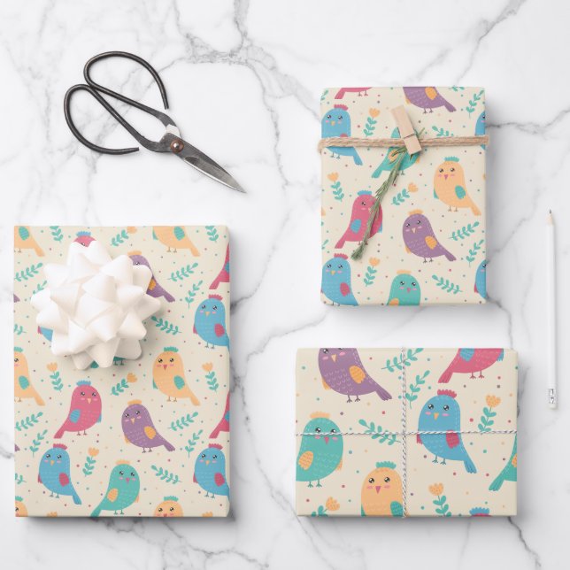 Kinder Niedliche Vögel mit Tulpen Geschenkpapier Set (Vorderseite)