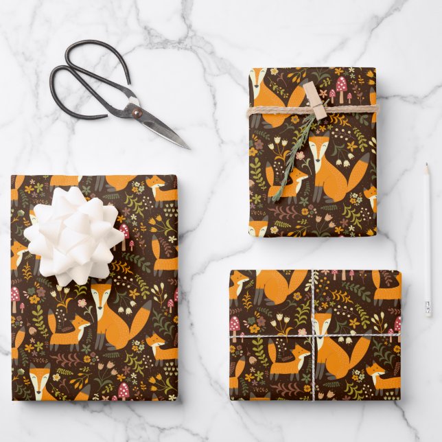 Kinder Niedlichen Waldwald Fox Familie Pilze Blume Geschenkpapier Set (Vorderseite)