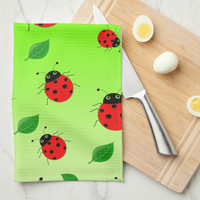 Kinder Niedlicher roter Ladybug und grün verlassen Geschirrtuch (Viertel Falte)