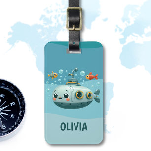 Kinder Niedliches U-Boot mit Fisch und Blasen Gepäckanhänger