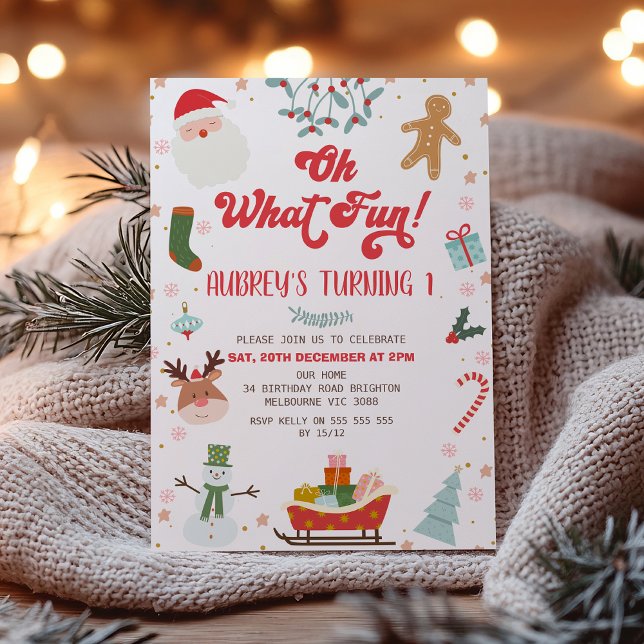 Kinder Oh, was Spaß Weihnachten hielt Geburtstag Einladung (Oh What Fun Oh Christmas Birthday Party Invitation, Retro 1st Birthday, Winter Holiday, Sleigh, )