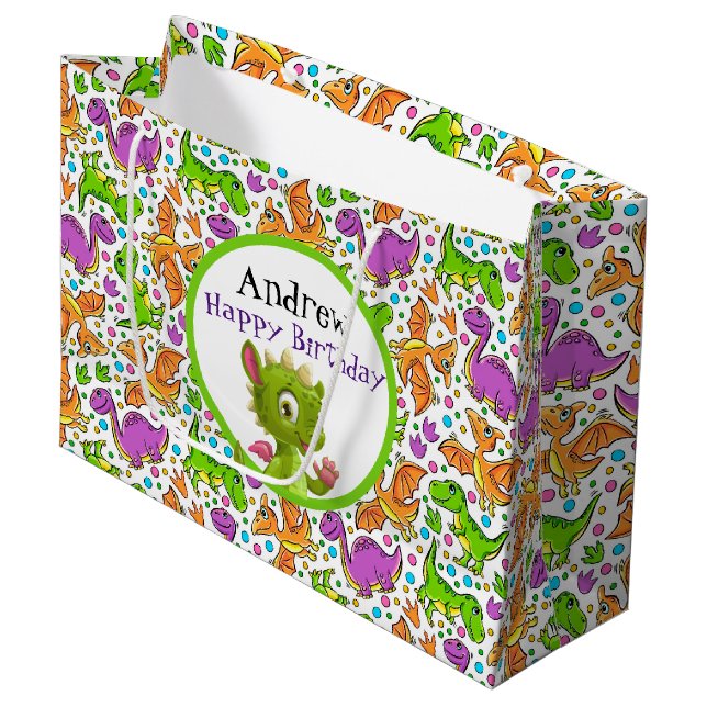 Kinder passen Dinosaur-Geschenktasche an Große Geschenktüte (Vorderseite Schrägansicht)