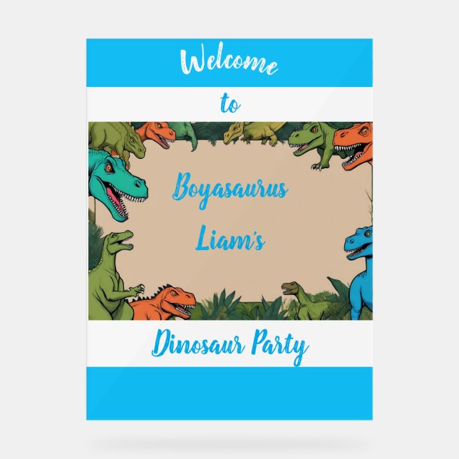 Kinder Personalisiert Dinosaurier Party Begrüßungs Acrylschild (Vorderseite)