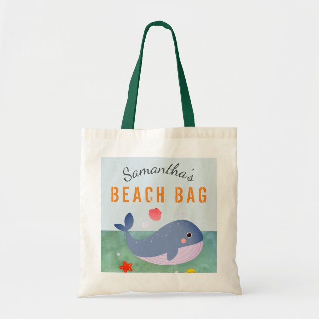 Kinder Personalisiert Name Whale Beach Tote Bag Tragetasche (Vorne)