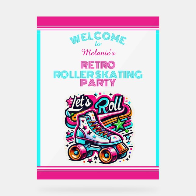 Kinder Personalisiert Retro Skate Party Begrüßungs Acrylschild (Vorderseite)