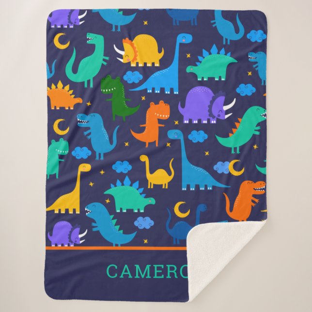 Kinder Personalisierte Dinosaurier bei Nachtblauer Sherpadecke (Vorderseite)