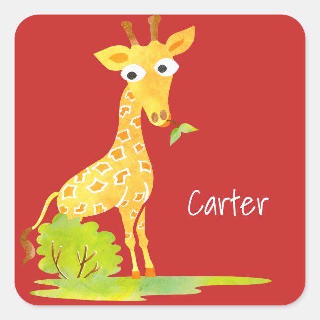 Kinder Personalisierte Giraffe Quadratischer Aufkleber (Vorderseite)