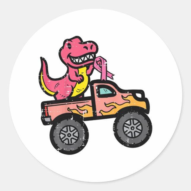 Kinder Pink-Dino-Monster LKW Brustkrebs-Warnung Runder Aufkleber (Vorderseite)