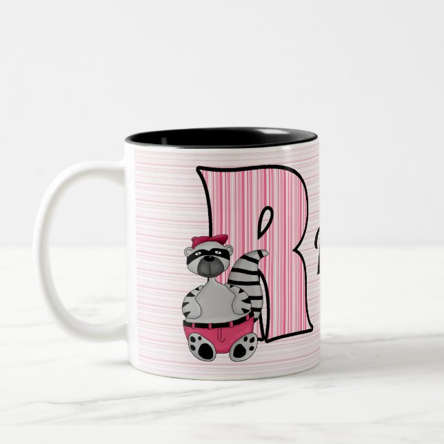 Kinder Pink Raccoon Monogramm Buchstaben R mit Nam Zweifarbige Tasse (Links)