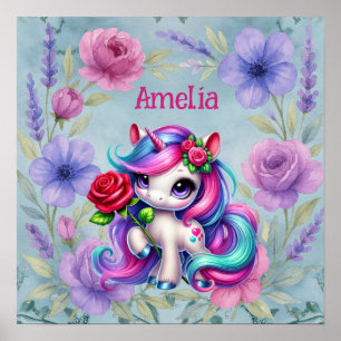 Kinder Regenbogen Einhorn & Name Kinderzimmer Poster