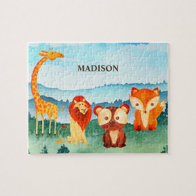 Kinder Safari Tiere Grüner Blauwald Niedlich Puzzle (Horizontal)