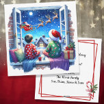 Kinder schauen Weihnachten Weihnachten im Schlitte<br><div class="desc">Personalisierte Weihnachtskarte mit einer Illustration des Weihnachtsmannes,  der mit seinem Rentier durch den Himmel fliegt und am Weihnachtsabend mit seinem Schlitten,  während die Kinder durch ihr Schlafzimmerfenster schauen.</div>