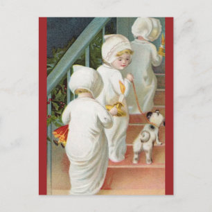 Kinder schleichen die Treppe hinauf mit Hund Weihn Postkarte