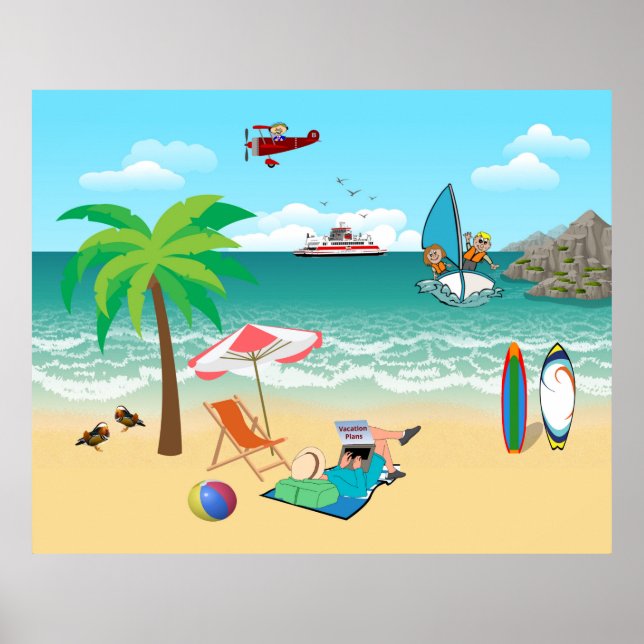 Kinder Segeln, Mama Sonnenbaden - Fun Beach Urlaub Poster (Vorne)