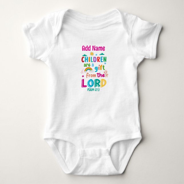 "Kinder sind ein Geschenk des Herrn" (rosa) Baby Strampler (Vorderseite)