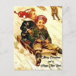 Kinder-Spaß beim Schlittenfahren im Vintage-Look F Postkarte
