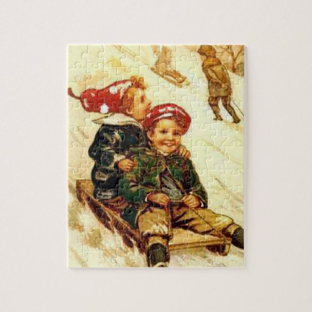 Kinder-Spaß beim Schlittenfahren, vintage Winterla Puzzle (Vertikal)
