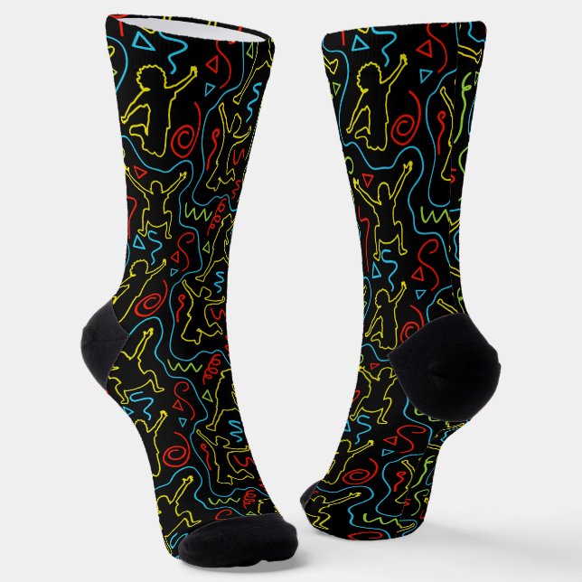 Kinder Spaß Spiel Umriss Neon Schwarz Muster Socken (Gewinkelt)