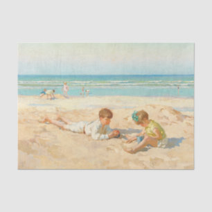 Kinder spielen am Strand Vintage antike Kunst Seidenpapier