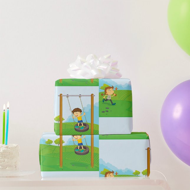 Kinder spielen auf einem Reifenschwingen Geschenkpapier (Von Creator hochgeladen)