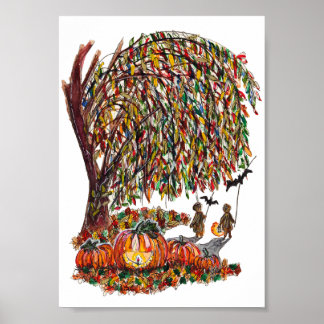Kinder spielen Fledermäuse Halloween Aquarell Poster