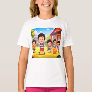 Kinder spielen im Hof auf einem weißen SS T-Shirt