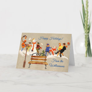 Kinder spielen im Schnee Name Art Deco Feiertags-K Karte
